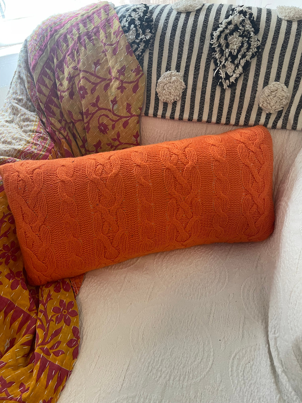orange sweater pillow, orange lumbar pillow