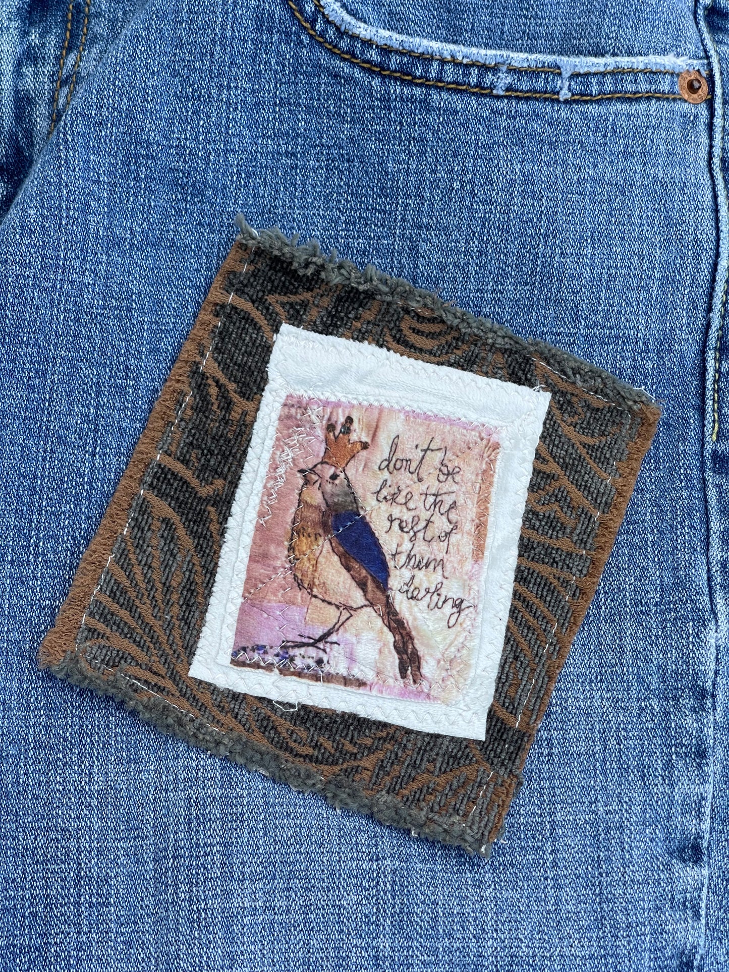 Slow stitch bird appliqué patch. Boho hippie upcycled denim patch