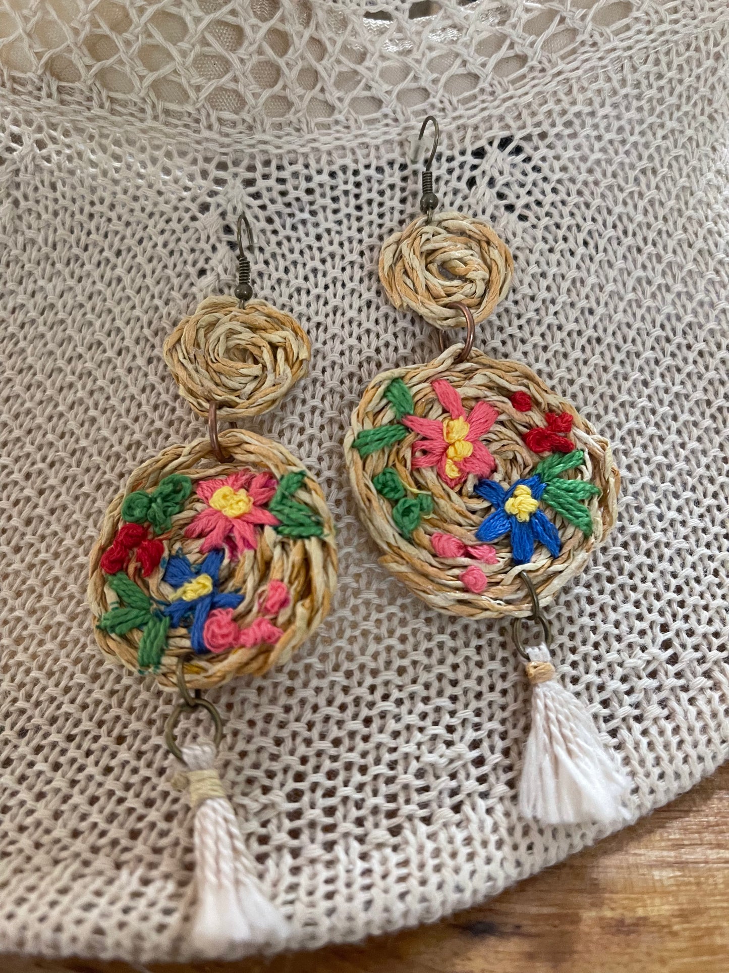 circle rattan drop earrings hand embroidered. Vintage feel like a straw beach bag