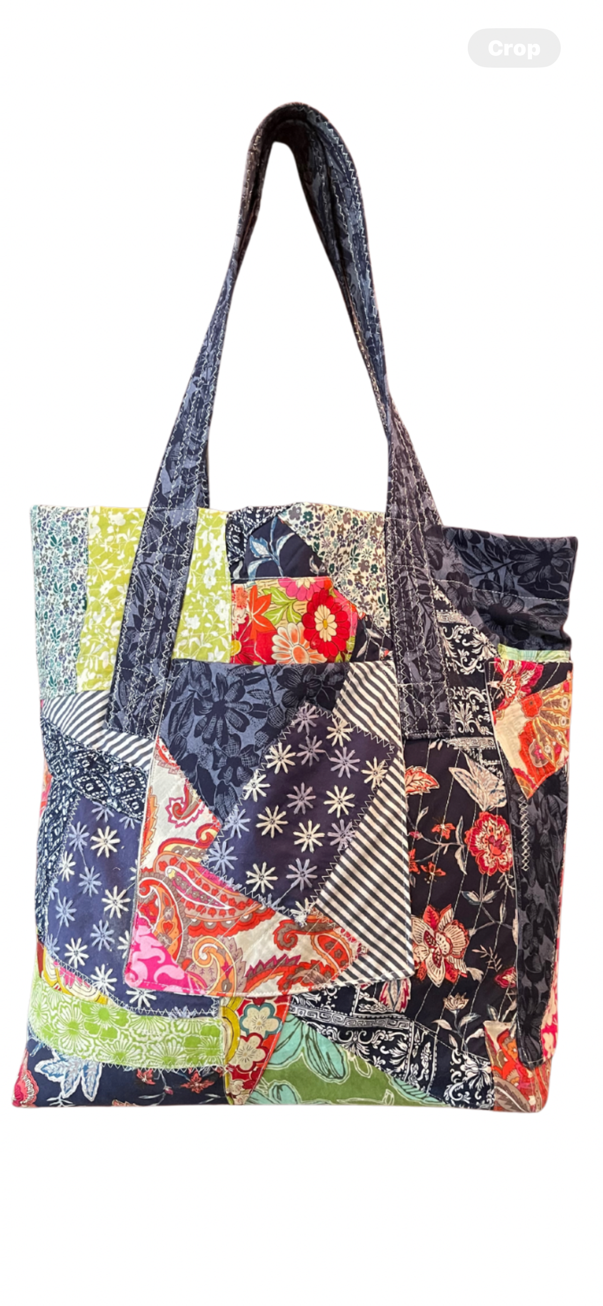 Patchwork tote bag, upcycled fabric tote bag, navy patterned, quilted tote