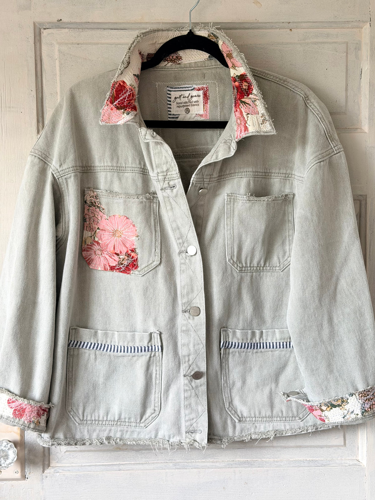 Upcycled Jean jacket, floral jacket, fabric art jacket remade
