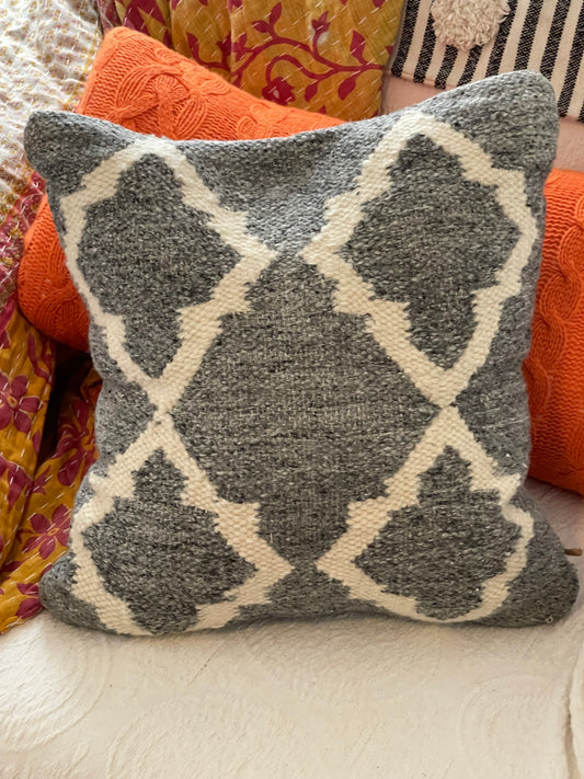 Grey wool pillow, hand looped vintage pillow
