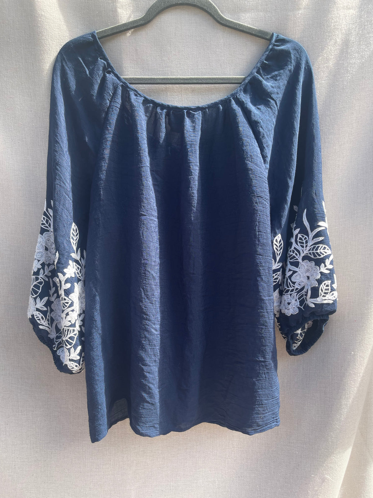 Navy embroidered blouse, reloved sustainable recycled clothing