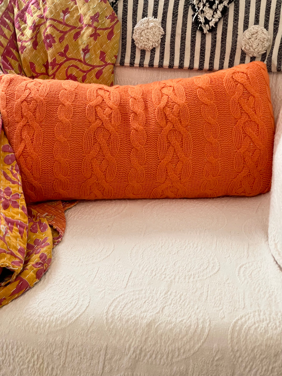 orange sweater pillow, orange lumbar pillow