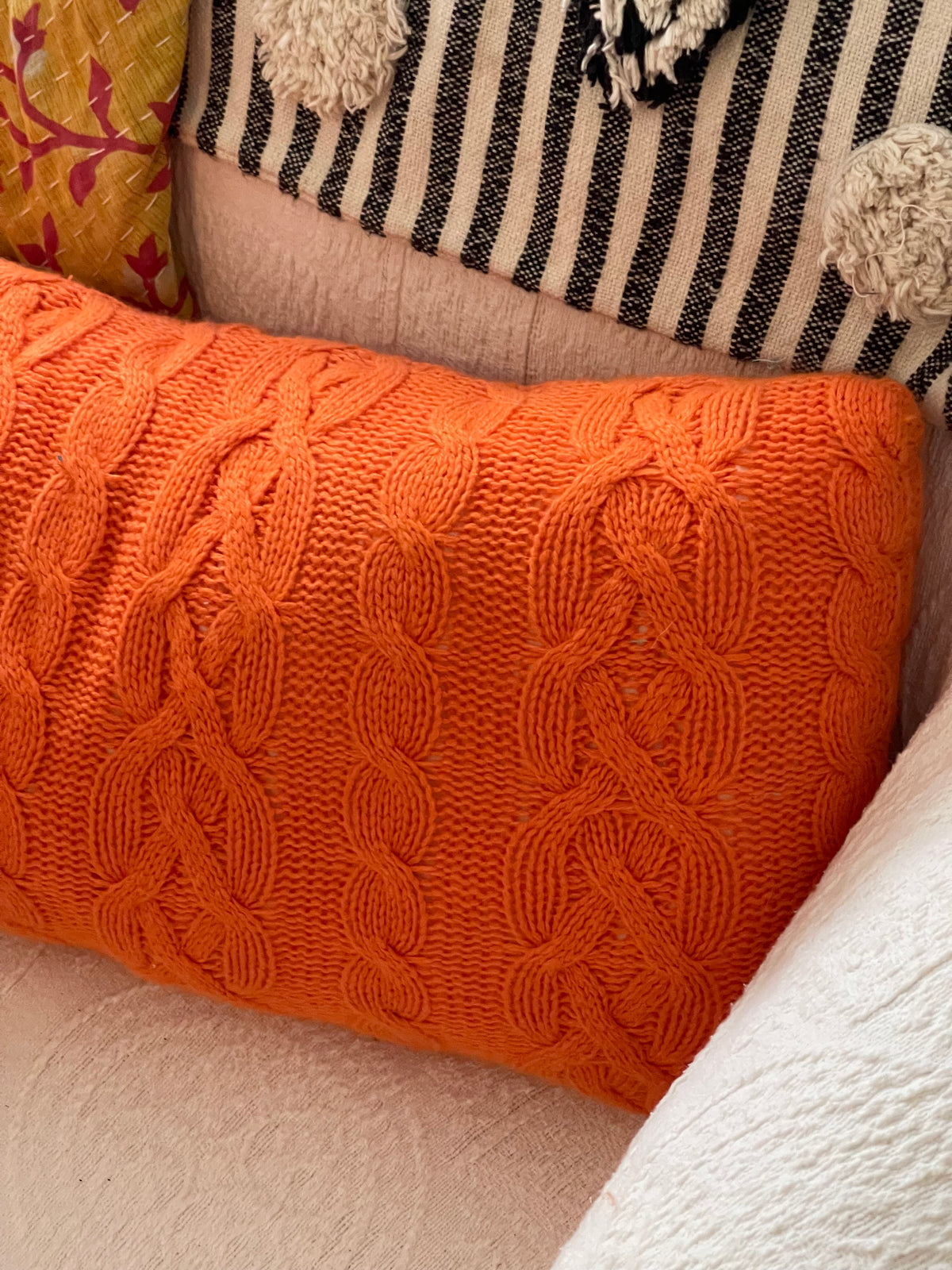 orange sweater pillow, orange lumbar pillow