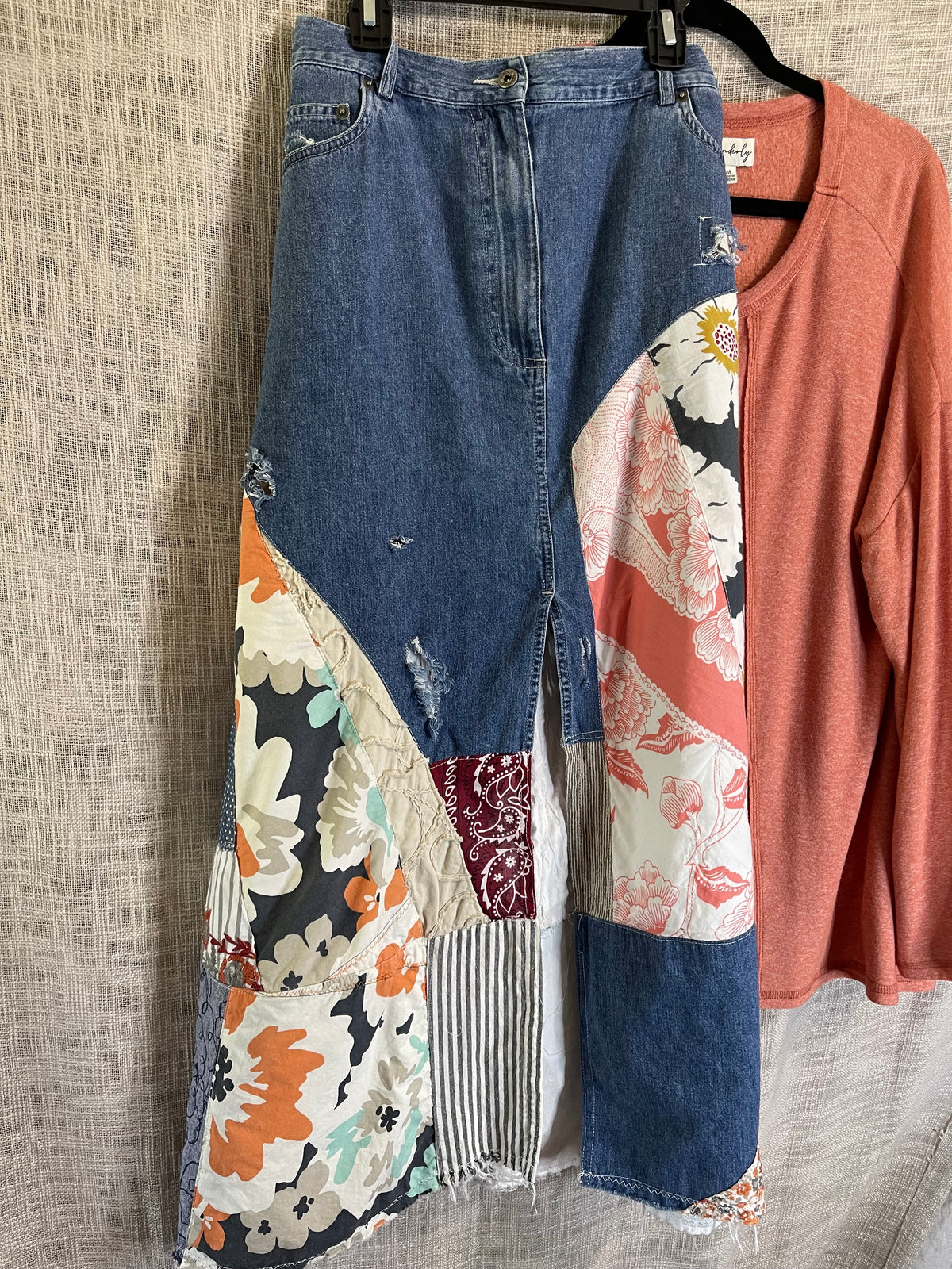 Deconstructed Jean skirt, patchwork Jean skirt, upcycled clothing