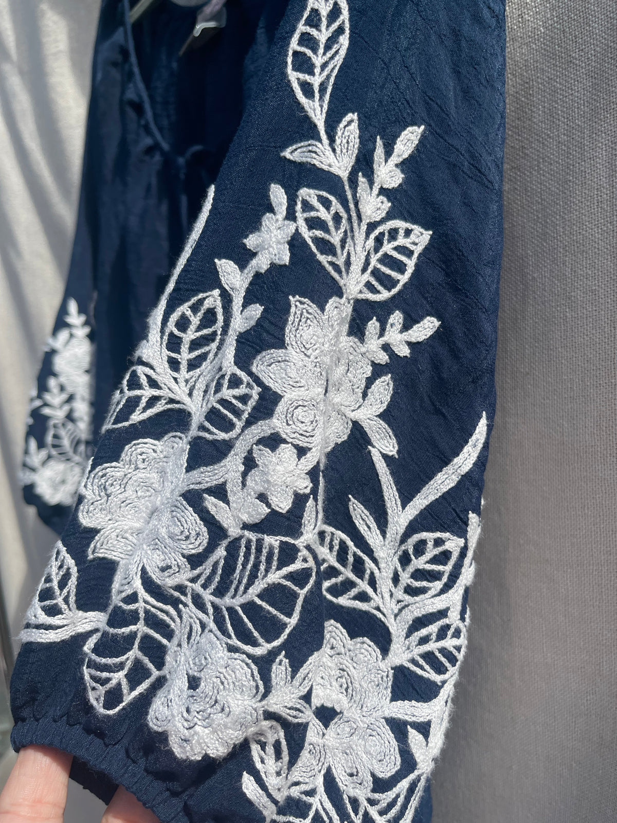 Navy embroidered blouse, reloved sustainable recycled clothing