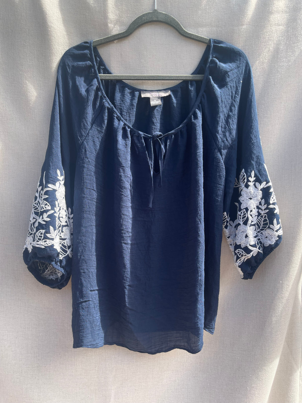 Navy embroidered blouse, reloved sustainable recycled clothing