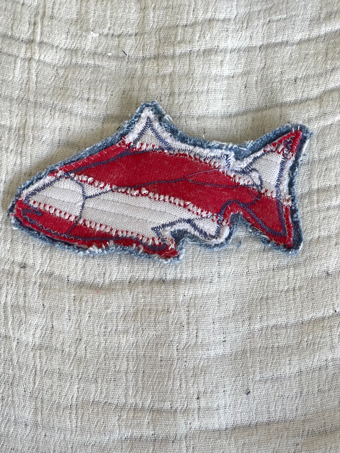 Patriotic denim applique, red white and blue fish applique patch, upcycled denim embellishments DIY upcycled denim supplies