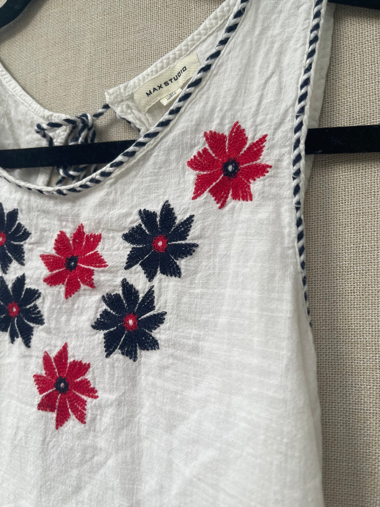 embroidered flowy tank, red white and blue tank top