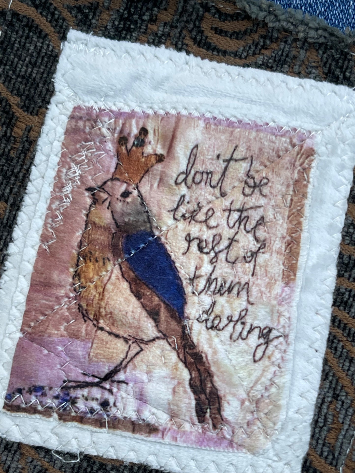 Slow stitch bird appliqué patch. Boho hippie upcycled denim patch