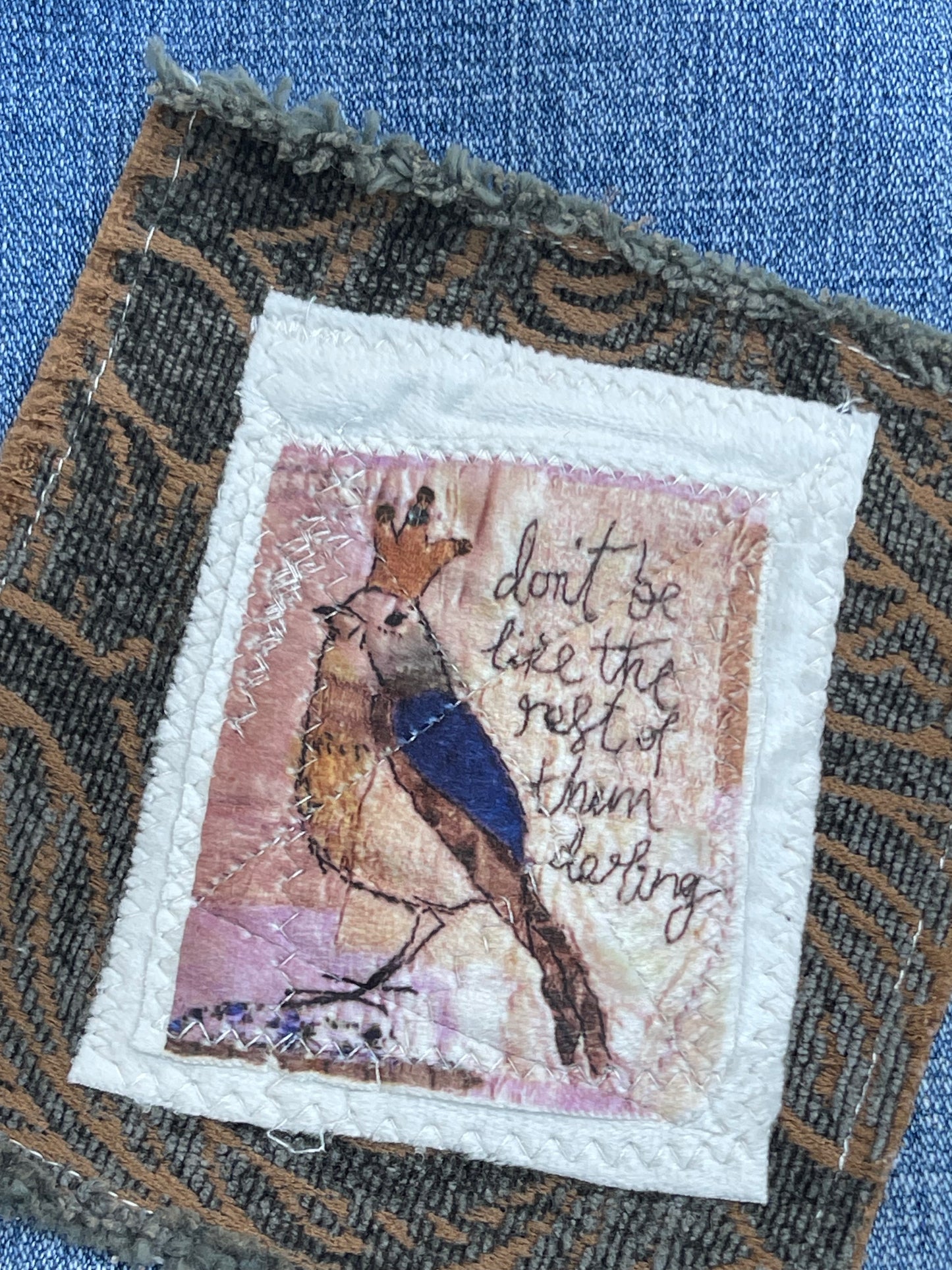 Slow stitch bird appliqué patch. Boho hippie upcycled denim patch