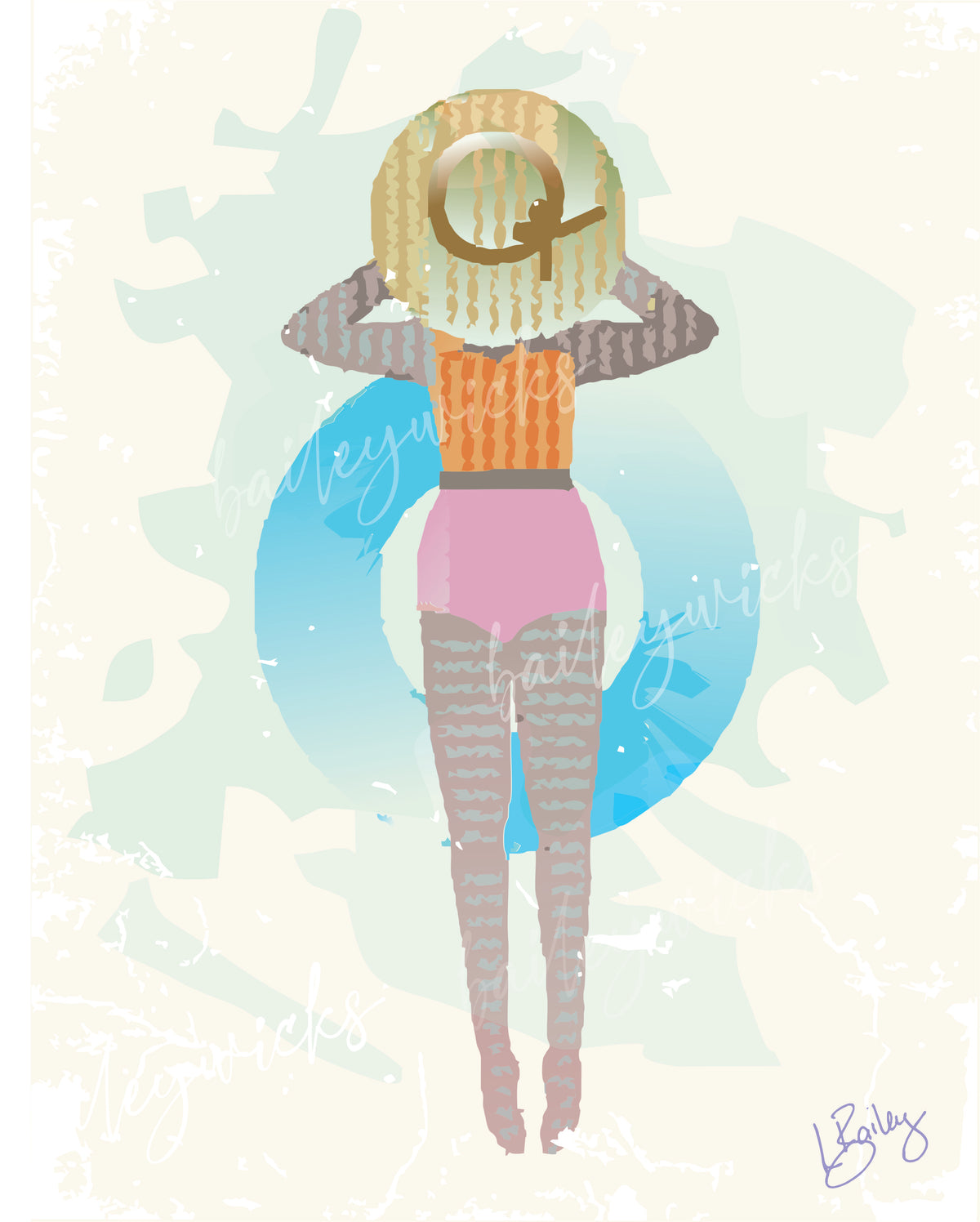 Watercolor lady floating in an innertube, graphic art file