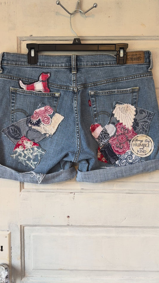 Boho patched jean shorts, upcycled patriotic denim, fabric art handmade denim