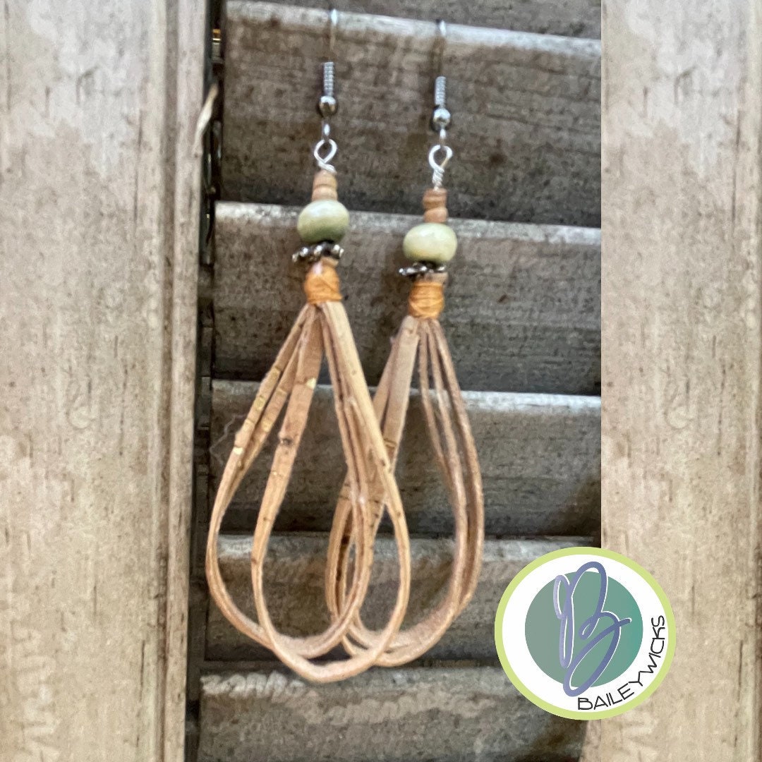 Boho earrings, dangle drop cork earrings.
