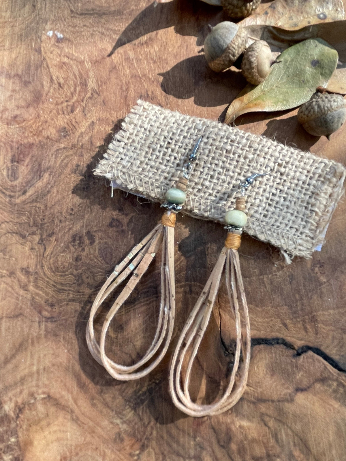 Boho earrings, dangle drop cork earrings.