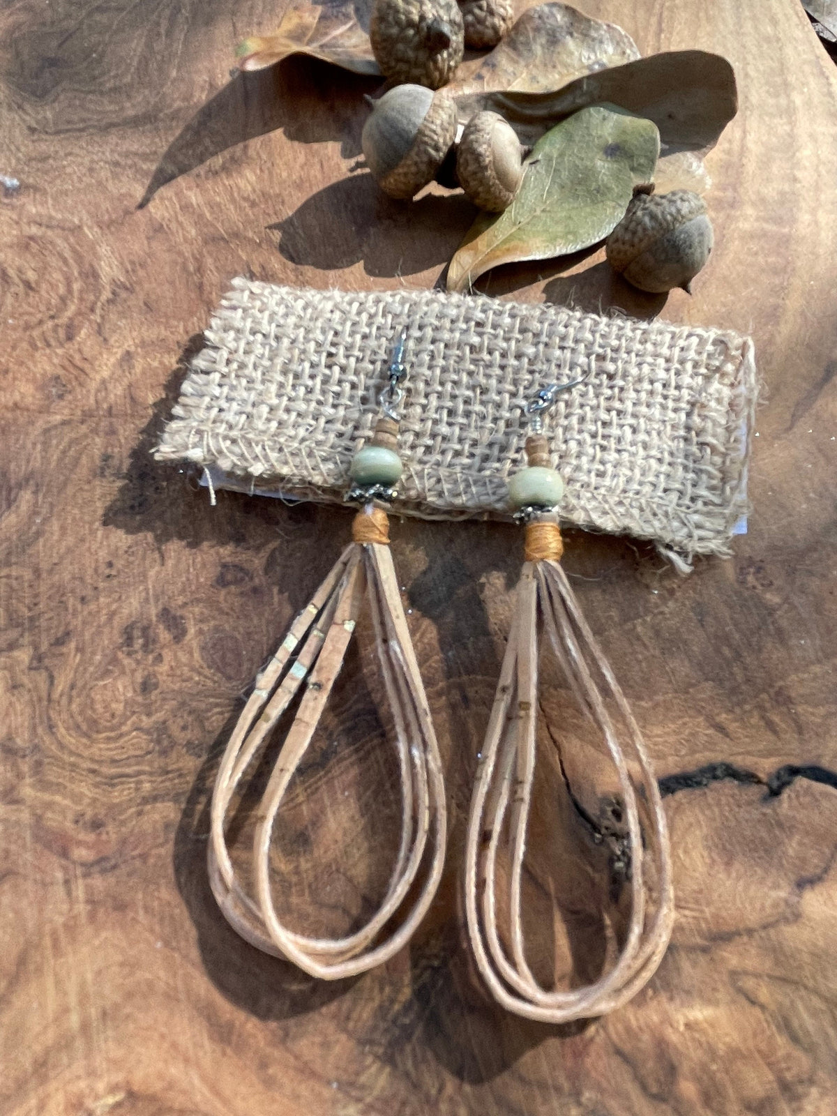 Boho earrings, dangle drop cork earrings.