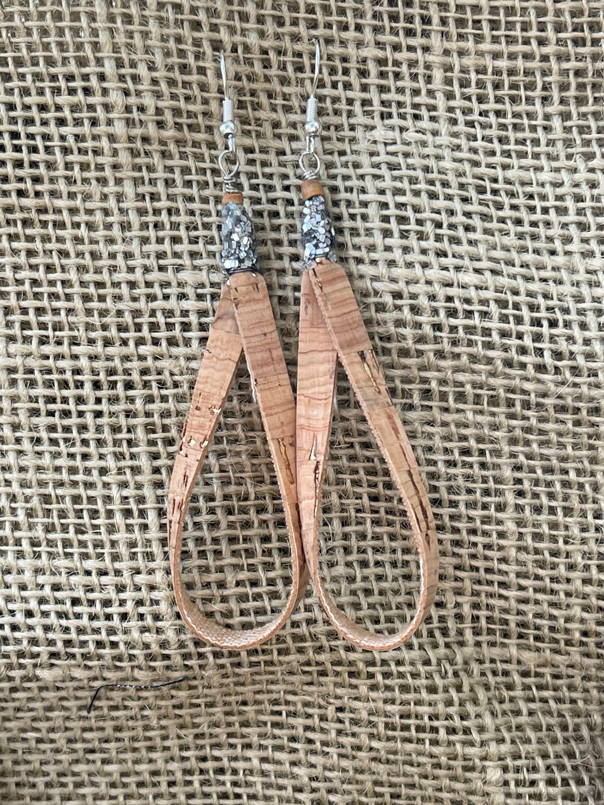 Boho  glitter earrings, dangle drop cork earrings.